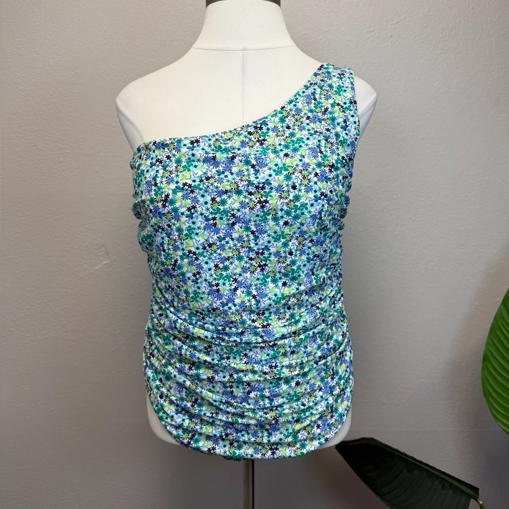 J. Crew Blue Floral One Shoulder Ruched One Piece - Size 2X